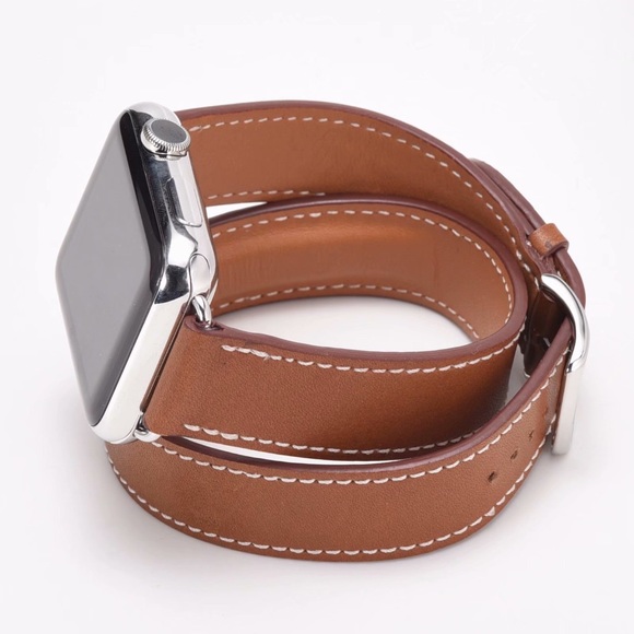 Leather Double Tour Brown Watchband for Apple - Picture 3 of 14